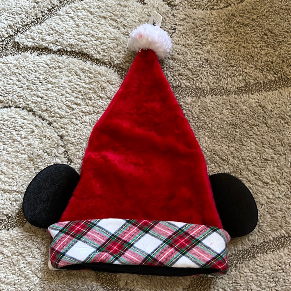 NWT Disney Parks Mickey Mouse Santa Christmas Holiday Hat Ears Plaid Adjustable